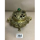 A CHINESE GILT BRONZE TWO HANDLED LIDDED KORO MOLDED WITH DRAGONS, THE LID ADORNED WITH A