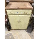A YELLOW 1950'S KITCHEN CUPBOARD WITH PINE WOODEN TOP
