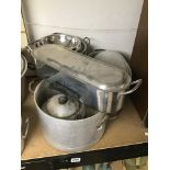 A QUANTITY OF VINTAGE METAL COOKING POTS AND PANS