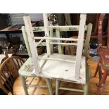 A PAIR OF PAINTED CHILDS CHAIRS WITH TABLE