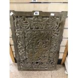 A PIERCED BRASS RADIATOR COVER OF RECTANGULAR FORM WITH FOLIATE DECORATION, 67CM HIGH