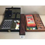 A MID CENTURY LEATHER BOUND TRAVEL GAMES SET CONTAINING CARDS, CHESS AND DOMINOES, TOGETHER WITH