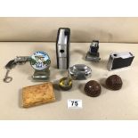 A MIXED GROUP OF COLLECTABLES, INCLUDING ELECTROMATIC PANTHER TABLE LIGHTER, SILVER PLATE INKWELL,