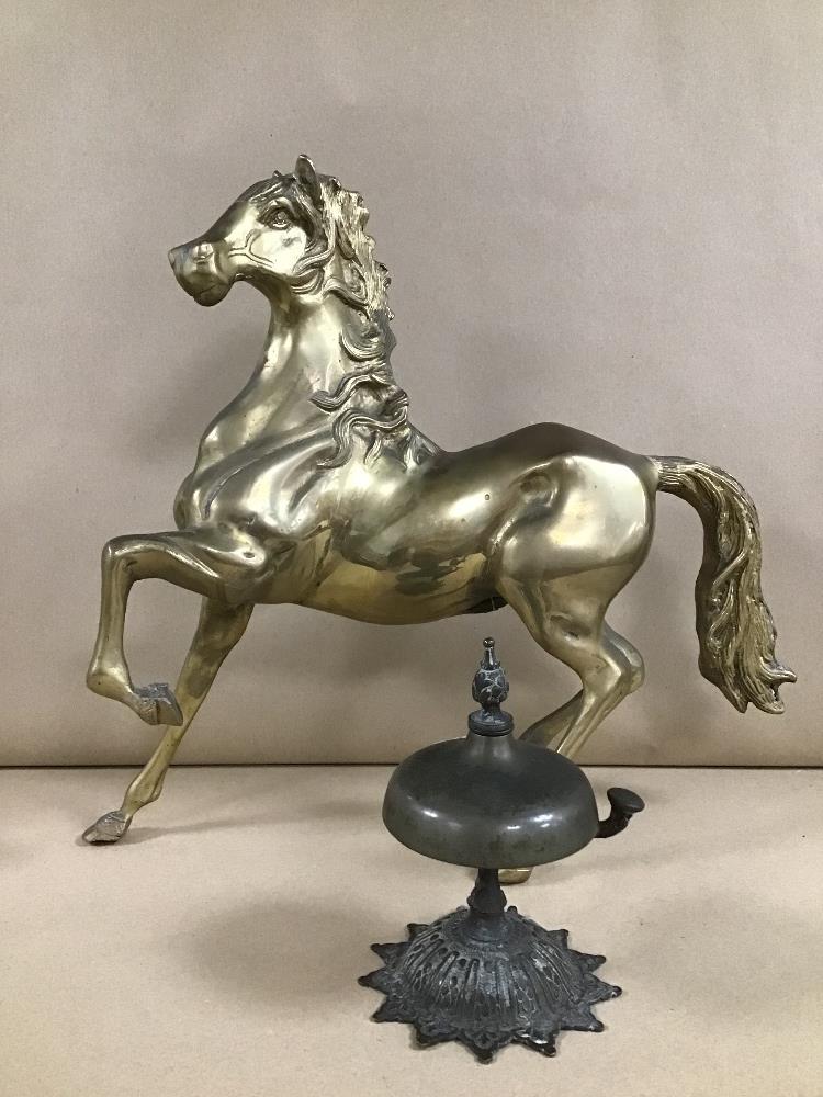 AN ORNATE VICTORIAN BRASS DESK BELL, 15CM HIGH, TOGETHER WITH A LARGE BRASS FIGURE OF A HORSE - Image 2 of 4