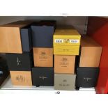 ELEVEN EMPTY BOTTLES OF LUXURY CHAMPAGNE IN ORIGINAL BOXES, INCLUDING SIX COMTES DE CHAMPAGNE