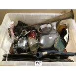 A COLLECTION OF VINTAGE CAR PARTS, INCLUDING NUMBER PLATES, CHROME SIDE MIRROR, BRAKE LIGHTS,