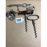 A STARR PATENT WALL MOUNTING BOTTLE OPENER, TOGETHER WITH TWO OTHER BOTTLE OPENERS AND TWO