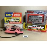 FOUR DINKY TOYS VEHICLES, COMPRISING; PINK PANTHER 354, SILVER JUBILEE BUS, VOLVO POLICE CAR AND