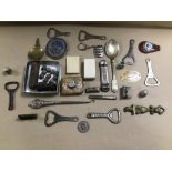 AN ASSORTMENT OF SMALL COLLECTABLES, INCLUDING BOTTLE OPENERS, MINIATURE HOHNER MOUTH ORGAN,