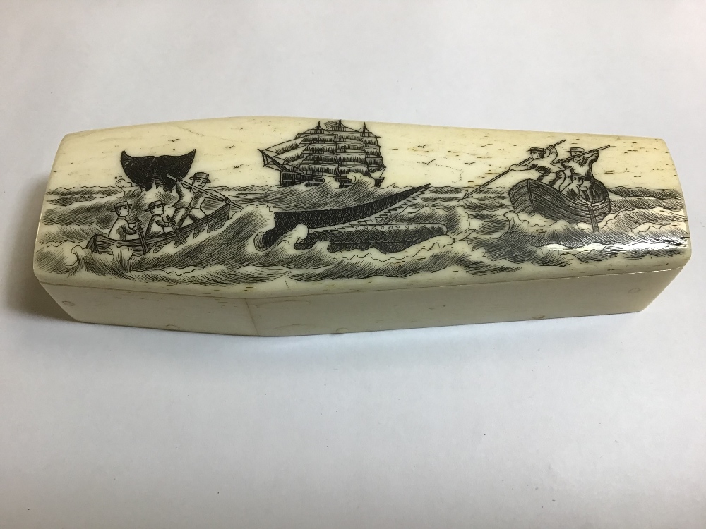 A COPY OF A CARVED BONE SCRIMSHAW COFFIN CASKET WITH WHALING SCENE ADORNING THE LID, OF WHICH - Image 3 of 5