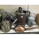 A GROUP OF FIVE VINTAGE WATERING CANS, INCLUDING A LONG COPPER EXAMPLE, GALVANISED ETC, LARGEST 61CM