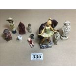 A MIXED LOT OF SMALL FIGURES, INCLUDING ITALIAN RESIN BALLERINA ON MARBLE STAND, CARVED WOODEN