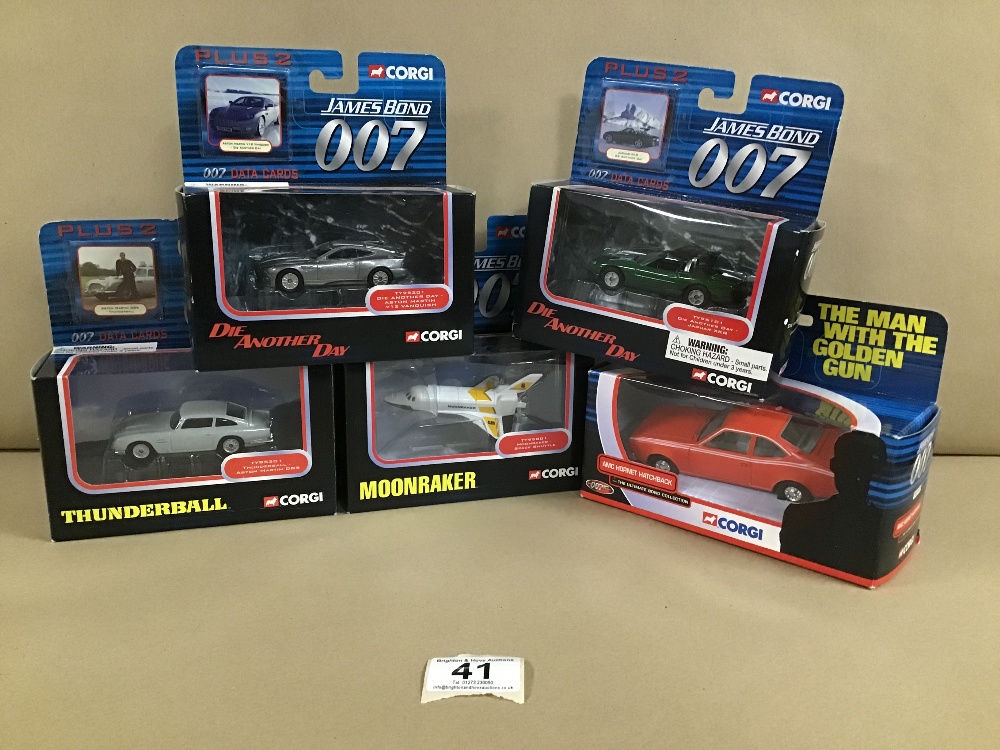 FIVE CORGI 007 DIE CAST MODEL VEHICLES, INCLUDING THUNDERBALL ASTON MARTIN DB5 AND DIE ANOTHER DAY