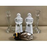 ASSORTED ITEMS, INCLUDING PAIR OF GLASS CANDLESTICKS, A NOVELTY SALT AND PEPPER IN THE FORM OF MONKS