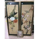 A PAIR OF ORIENTAL PAINTINGS OF BIRDS AMONGST FLOWERS AND BRANCHES, 105CM BY 35CM, TOGETHER WITH A