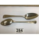 TWO GEORGE III SILVER DESSERT SPOONS, HALLMARKED LONDON 1801 BY RICHARD CROSSLEY AND LONDON 1826