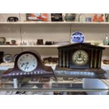 A VICTORIAN SLATE MANTLE CLOCK BY THE ANSONIA CLOCK CO, PATENTED JUN 18TH 1882, TOGETHER WITH A