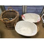 TWO LARGE WICKER LAUNDRY BASKETS AND A LARGE WICKER LOG BASKET