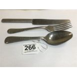 A 1950'S THREE PIECE SET OF MILITARY CUTLERY, COMPRISING FORK, KNIFE AND SPOON, EACH WITH BROAD