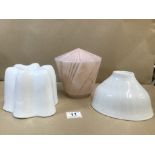 TWO EARLY STONEWARE JELLY/BLANCMANGE MOULDS AND A GLASS LAMP SHADE