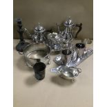 A MIX OF SILVER PLATED ITEMS, INCLUDING TEAPOTS, CUPS, RECTANGULAR TRAY AND MORE