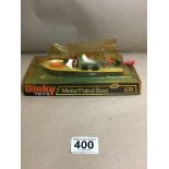 A DINKY TOYS DIE CAST MOTOR PATROL BOAT IN ORIGINAL BOX, NUMBER 675