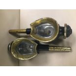 A PAIR OF VICTORIAN BLACK PAINTED AND BRASS COACHING LAMPS WITH TWO GLASS SIDES, 45CM LONG