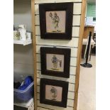 THREE EARLY CERAMIC TILES MOUNTED IN DARK WOOD FRAMES, 31CM DIAMETER