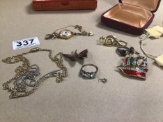 COSTUME JEWELLERY, INCLUDING LATE 19TH CENTURY IVORY NECKLACE, 9CT GOLD AND SILVER RING AND MORE