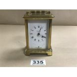 A FRENCH BRASS CARRIAGE CLOCK BY BAYARD, 8 DAY MOVEMENT, THE ENAMEL DIAL WITH ROMAN NUMERALS