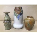 THREE ROYAL DOULTON GLAZED STONEWARE VASES, THE LARGEST MEASURING 20CM HIGH