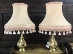 A PAIR OF SMALL BRASS BEDSIDE LAMPS PINEAPPLE SHAPED