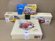 FOUR BOXED CORGI CLASSICS FIRE VEHICLES, INCLUDING THE CARDIFF AEC LADDER FIRE VEHICLE, AEC PUMP