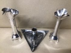 A PAIR OF ART NOUVEAU SILVER PLATED SPECIMEN VASES, 16CM HIGH, TOGETHER WITH AN ART DECO