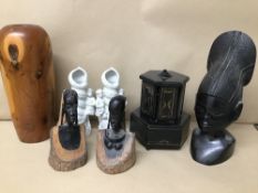 MIXED ITEMS, INCLUDING AFRICAN CARVED WOODEN TRIBAL FIGURES, NOVELTY MUSICAL CIGARETTE DISPENSER AND