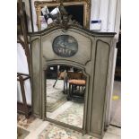 A LARGE FRENCH PAINTED OVERMANTLE MIRROR WITH A PICTURE OF CHERUBS 160 X 117CMS