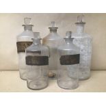 FIVE 19TH CENTURY APOTHECARY CHEMISTS BOTTLES, LARGEST 26CM HIGH
