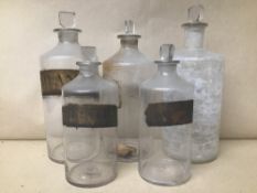 FIVE 19TH CENTURY APOTHECARY CHEMISTS BOTTLES, LARGEST 26CM HIGH