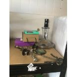 ASSORTED ITEMS, INCLUDING SILVER PLATE MAGNIFYING GLASS AND LETTER OPENER, SMART BRACELET, GLASS
