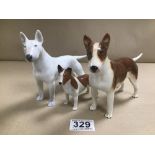 TWO BESWICK CERAMIC BULL TERRIERS, ONE BEING 'ROMANY RHINESTONE' TOGETHER WITH A ROYAL COPENHAGEN