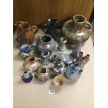 AN ECLECTIC MIX OF ART POTTERY, MOST CONTINENTAL, INCLUDING VASES, POURING JUGS AND MORE, SOME