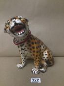 A MODERN PORTUGUESE CERAMIC FIGURE OF A LEOPARD BY CLF FAIANCAS ALCOBACA, 26CM HIGH