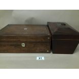 A VICTORIAN MAHOGANY SARCOPHAGUS SHAPED TEA CADDY TOGETHER WITH A ROSEWOOD BOX