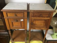 A PAIR OF FRENCH BEDSIDE CHESTS WITH MARBLE TOPS, DRAWER AND CUPBOARD