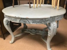 AN ORNATE MAHOGANY PAINTED DINING TABLE WITH TURNED OUT LEGS
