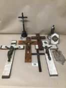 A COLLECTION OF CHRISTIAN RELIGIOUS ICONS AND FIGURES, INCLUDING CRUCIFIXES
