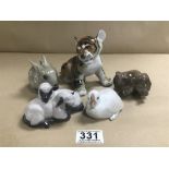 FOUR ROYAL COPENHAGEN PORCELAIN FIGURES, INCLUDING LAMBS, CHICK AND BEAR CUB, TOGETHER WITH A USSR