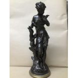 A BRONZED FIGURE OF A GIRL HOLDING A DOVE, AFTER MOREAU, RAISED ON BRASS AND MARBLE BASE, 45CM HIGH