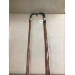 TWO SWISS WALKING/HIKING CANES, ONE MARKED BURGENSTOCK, BOTH WITH HORN AND HOOF HANDLES