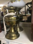 TWO BRASS OIL LAMPS, ONE BY DUPLEX, THE OTHER WITH GLASS SHADE AND FUNNEL